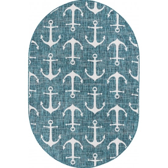 Rug Unique Loom Outdoor Coastal Teal Oval 5' 3 x 7' 10