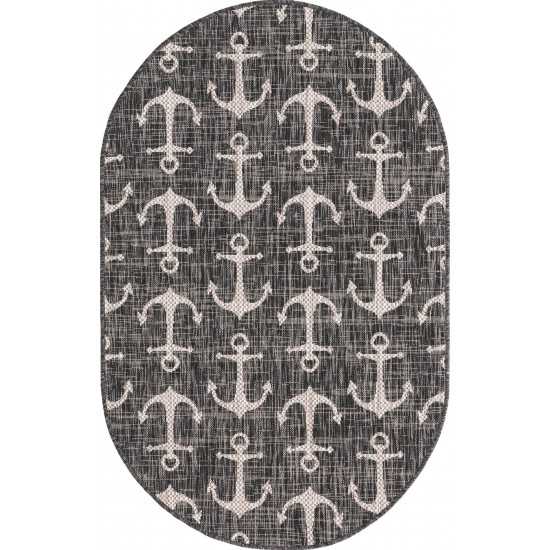 Rug Unique Loom Outdoor Coastal Charcoal Oval 3' 3 x 5' 3