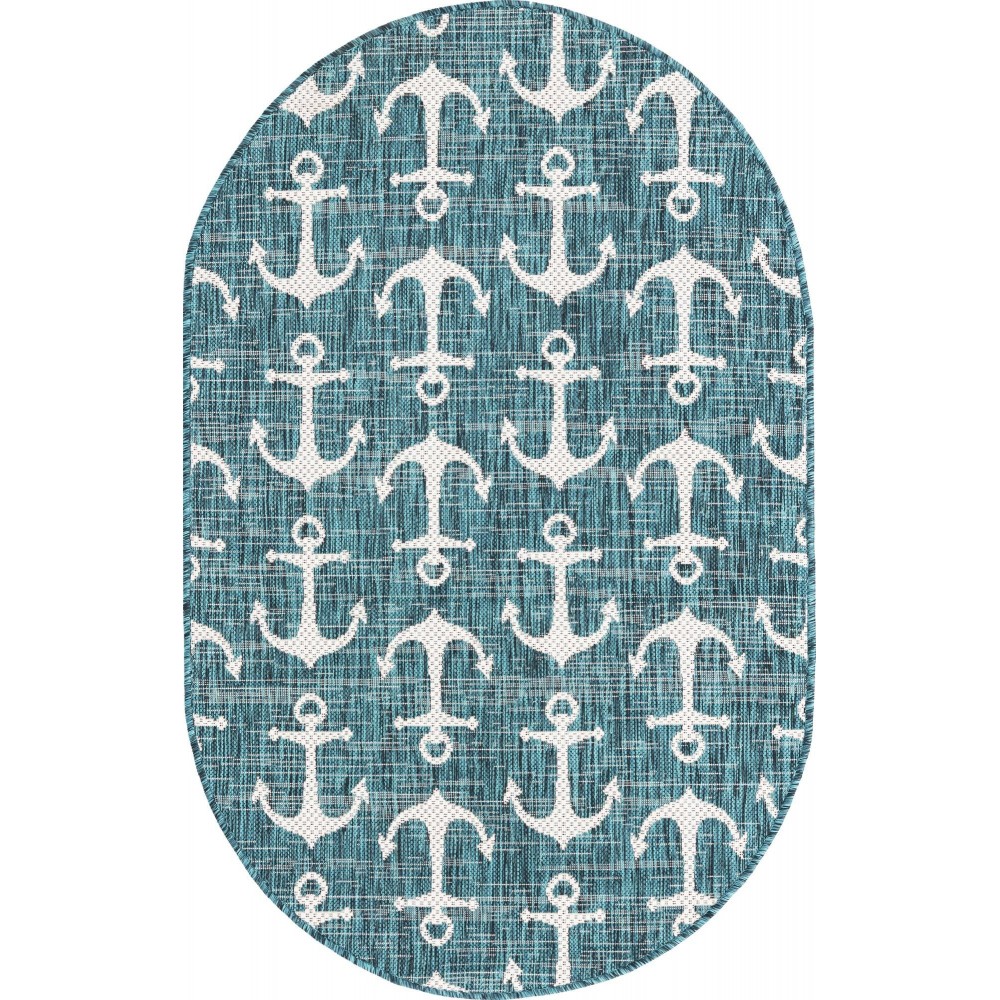 Rug Unique Loom Outdoor Coastal Teal Oval 3' 3 x 5' 3