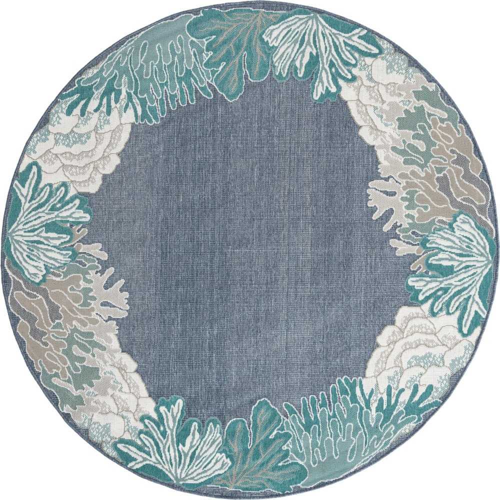 Rug Unique Loom Outdoor Coastal Navy Blue Round 7' 0 x 7' 0