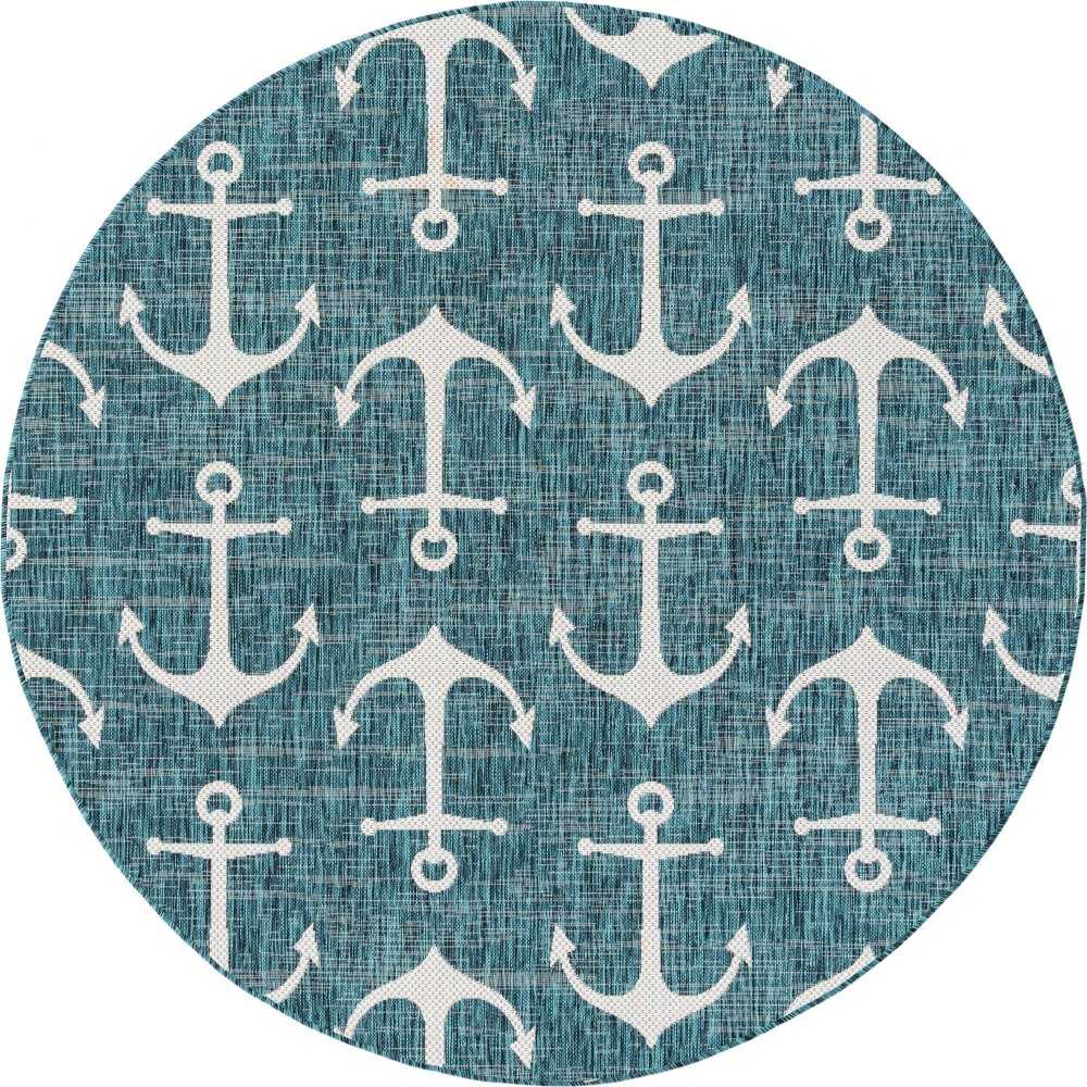 Rug Unique Loom Outdoor Coastal Teal Round 5' 3 x 5' 3