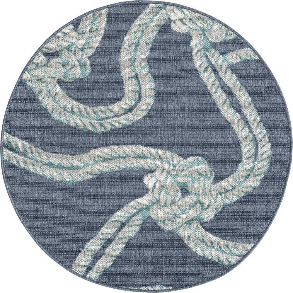 Rug Unique Loom Outdoor Coastal Navy Blue Round 4' 0 x 4' 0