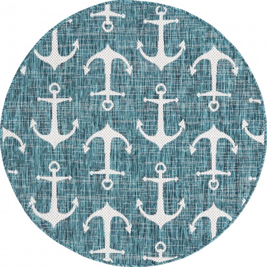 Rug Unique Loom Outdoor Coastal Teal Round 4' 0 x 4' 0