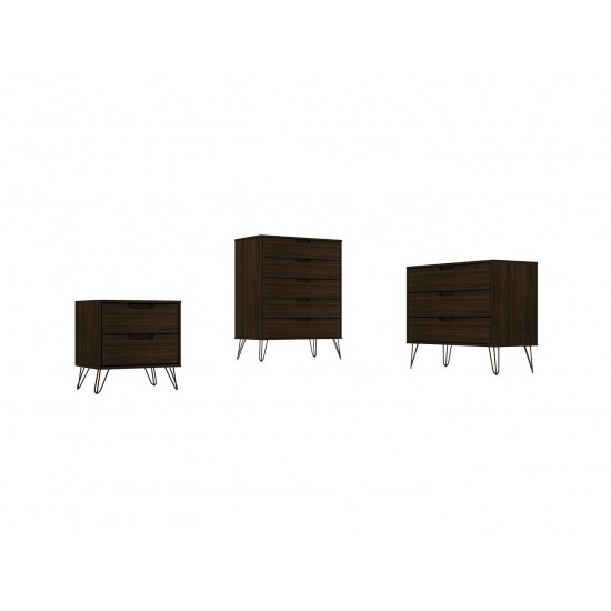 Rockefeller 3 Piece Bedroom Set Tall 5-Drawer Dresser, Standard 3- Drawer Dresser and 2-Drawer Nightstand in Brown