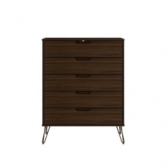 Rockefeller 3 Piece Bedroom Set Tall 5-Drawer Dresser, Standard 3- Drawer Dresser and 2-Drawer Nightstand in Brown