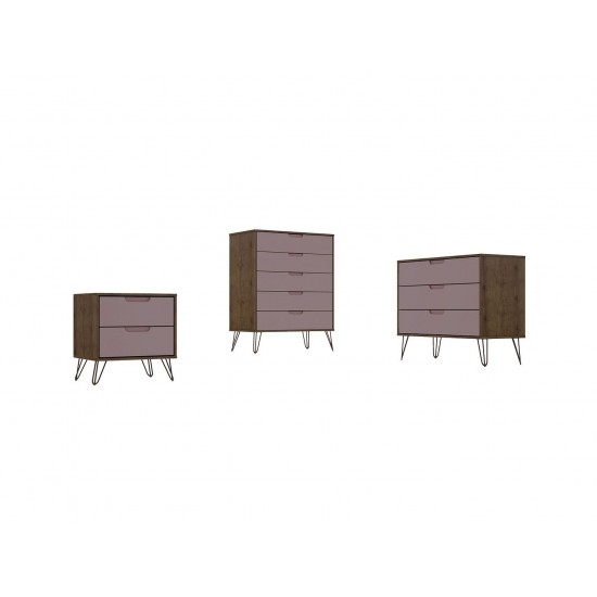 3 Piece Bedroom Set Tall 5-Drawer Dresser, Standard 3- Drawer Dresser and 2-Drawer Nightstand in Nature and Rose Pink