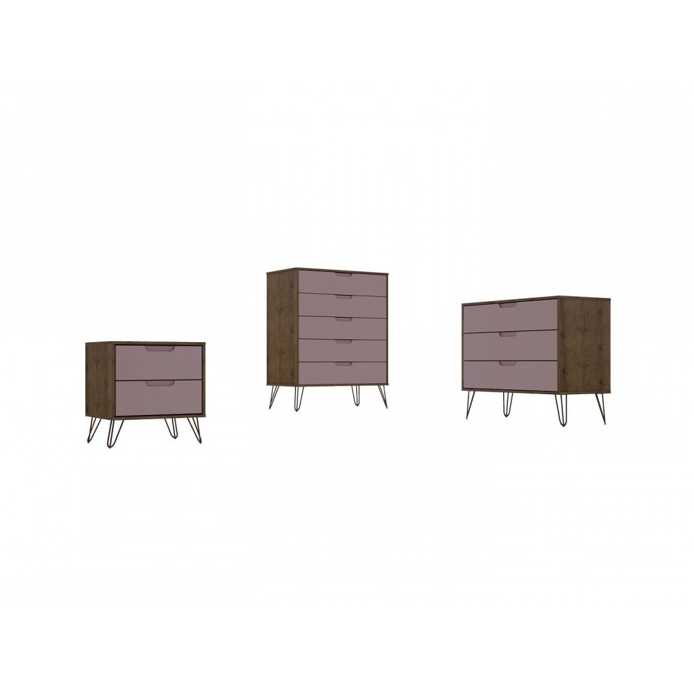 3 Piece Bedroom Set Tall 5-Drawer Dresser, Standard 3- Drawer Dresser and 2-Drawer Nightstand in Nature and Rose Pink