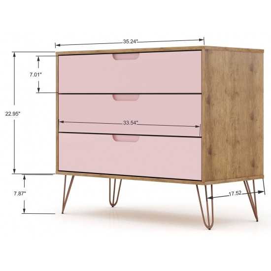 3 Piece Bedroom Set Tall 5-Drawer Dresser, Standard 3- Drawer Dresser and 2-Drawer Nightstand in Nature and Rose Pink