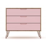 3 Piece Bedroom Set Tall 5-Drawer Dresser, Standard 3- Drawer Dresser and 2-Drawer Nightstand in Nature and Rose Pink