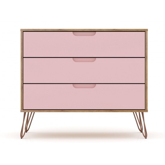 3 Piece Bedroom Set Tall 5-Drawer Dresser, Standard 3- Drawer Dresser and 2-Drawer Nightstand in Nature and Rose Pink