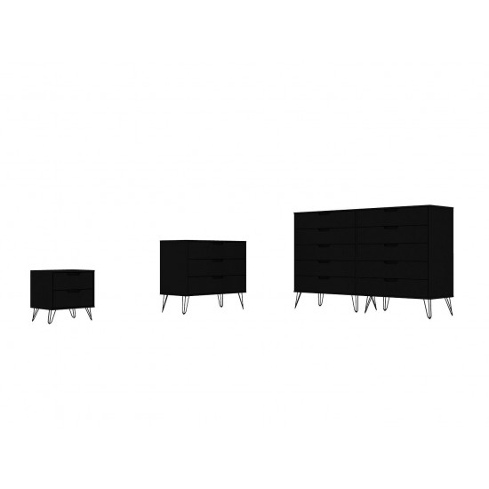 Rockefeller 3 Piece Bedroom Set Tall Wide 10-Drawer Dresser, Standard 3- Drawer Dresser and 2-Drawer Nightstand in Black