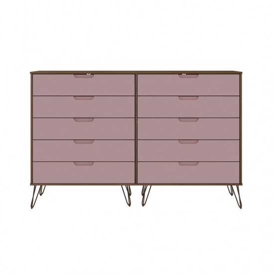 3 Piece Bedroom Set Tall Wide 10-Drawer Dresser, Standard 3- Drawer Dresser and 2-Drawer Nightstand in Nature and Rose Pink