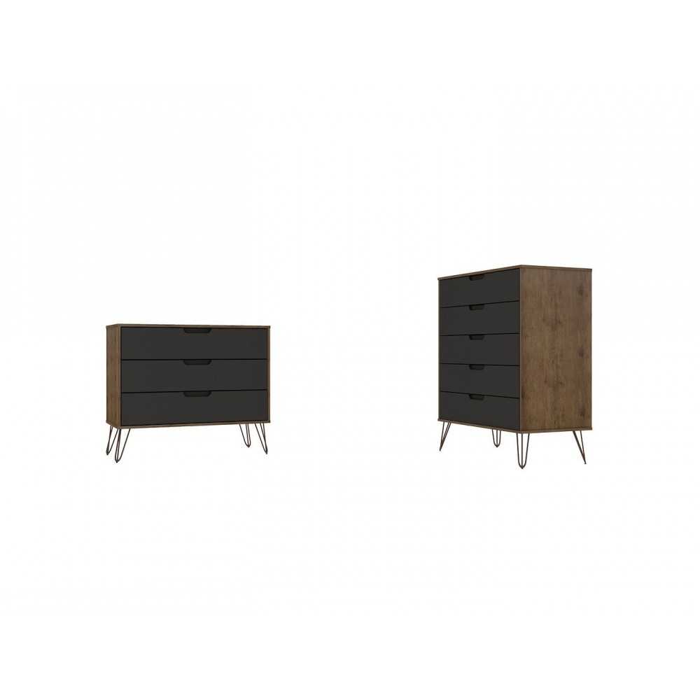 Rockefeller Tall 5-Drawer Dresser and Standard 3-Drawer Dresser in Nature and Textured Grey