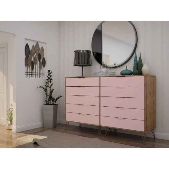 Rockefeller 10-Drawer Double Tall Dresser in Nature and Rose Pink
