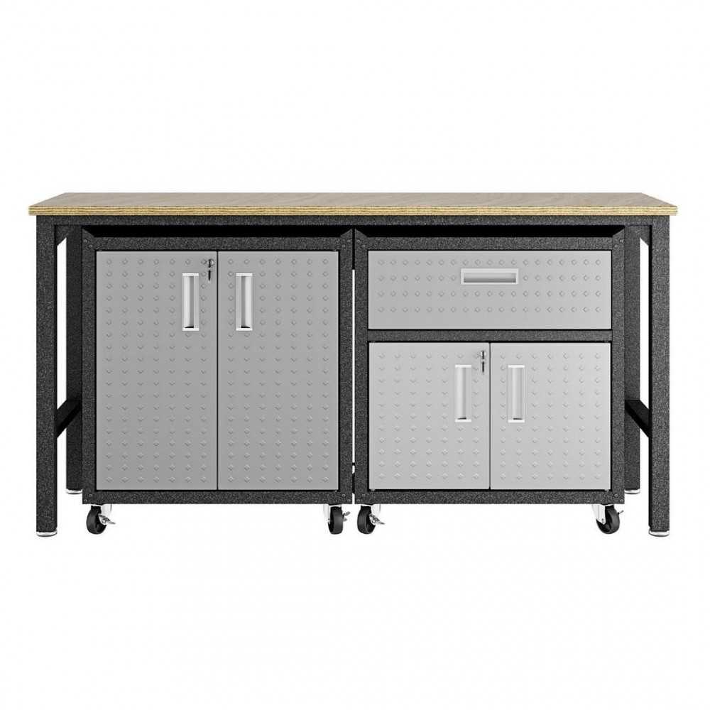 3-Piece Fortress Mobile Space-Saving Garage Cabinet and Worktable 2.0 in Grey