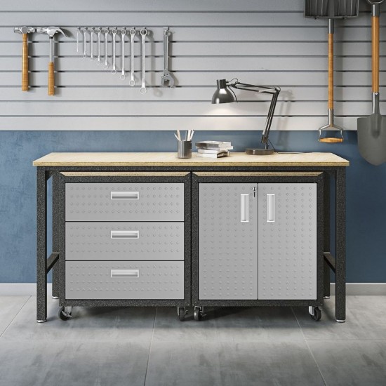 3-Piece Fortress Mobile Space-Saving Garage Cabinet and Worktable 3.0 in Grey