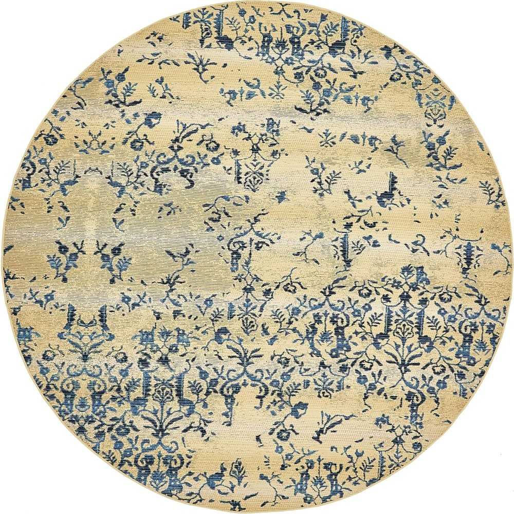 Rug Unique Loom Outdoor Botanical Beige/Blue Round 8' 0 x 8' 0