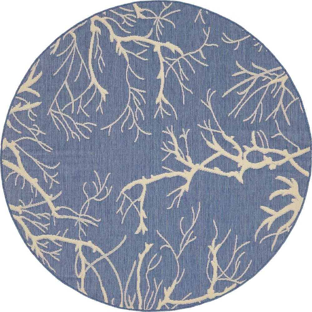 Rug Unique Loom Outdoor Botanical Navy Blue Round 6' 0 x 6' 0