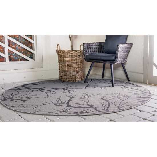 Rug Unique Loom Outdoor Botanical Light Gray Round 6' 0 x 6' 0