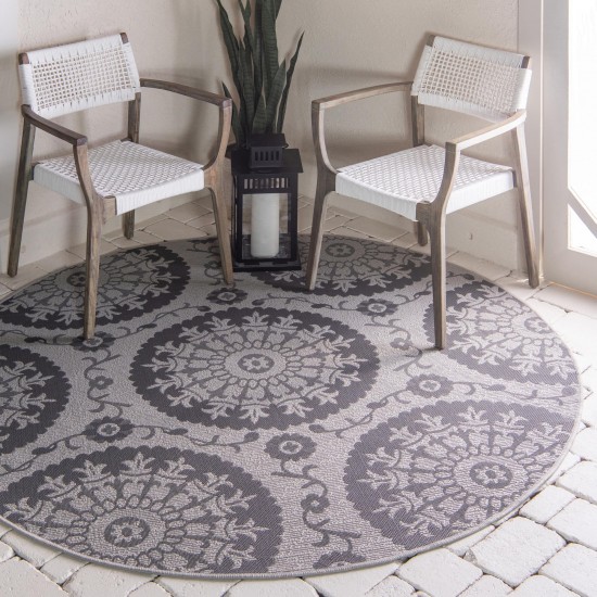 Rug Unique Loom Outdoor Botanical Gray Round 6' 0 x 6' 0