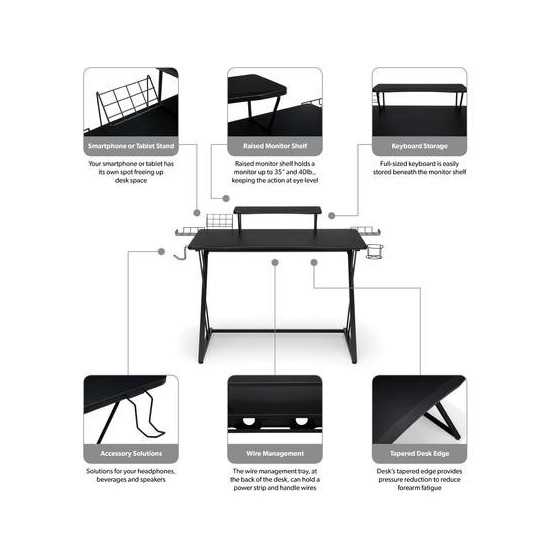 Essentials Collection 55" Gaming Computer Desk, 35" Monitor Shelf, Z-Base (ESS-1101)