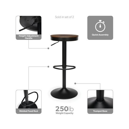 OFM 161 Collection Industrial Modern 2 Pack Backless 23" to 32" Height Adjustable Bar Stool (161-2332)