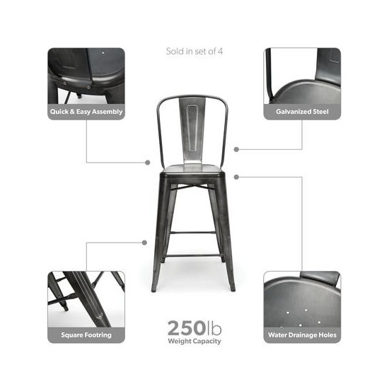 OFM 161 Collection Industrial Modern 4 Pack 26" High Back Metal Stools, Galvanized Steel Indoor/Outdoor Bar Stools (161-26)