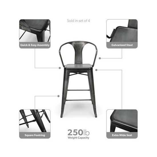 Industrial Modern 4 Pack 26" Mid Back Metal Armchair Stools, Galvanized Steel Indoor/Outdoor Bar Stools with Oversized Seats