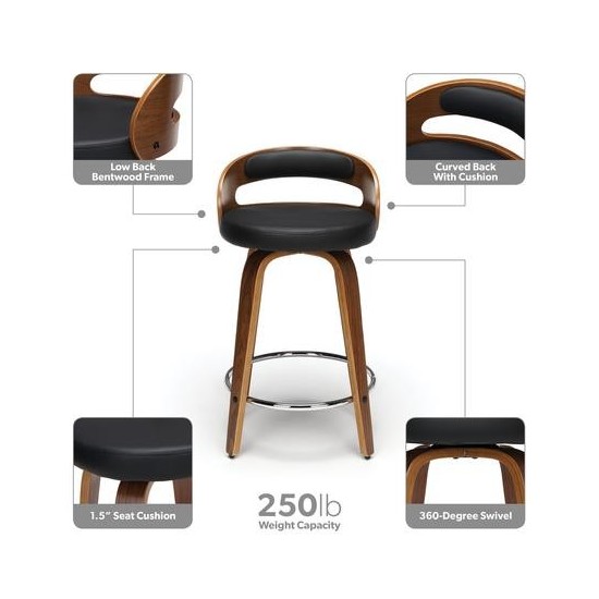 OFM 161 Collection Mid Century Modern 24" Low Back Bentwood Frame Swivel Seat Stool with Vinyl Back and Seat Cushion