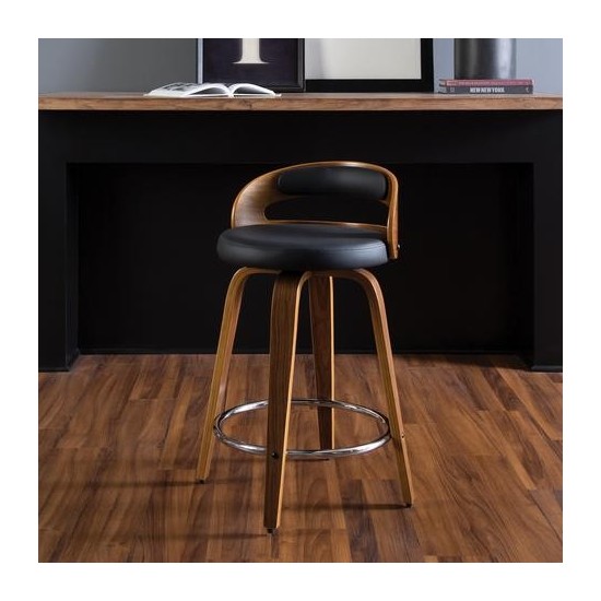 OFM 161 Collection Mid Century Modern 24" Low Back Bentwood Frame Swivel Seat Stool with Vinyl Back and Seat Cushion