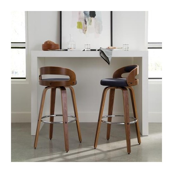 OFM 161 Collection Mid Century Modern 30" Low Back Bentwood Frame Swivel Seat Stool with Fabric Back and Seat Cushion