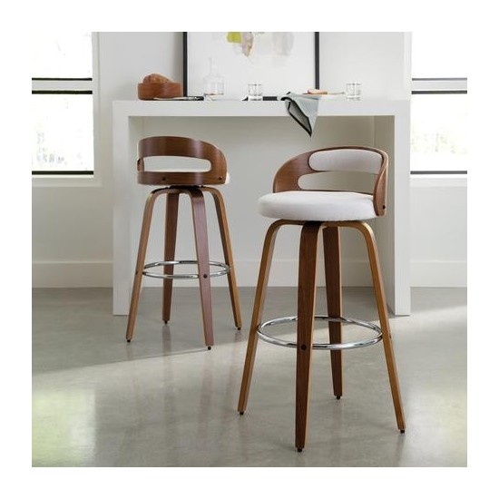 OFM 161 Collection Mid Century Modern 30" Low Back Bentwood Frame Swivel Seat Stool with Fabric Back and Seat Cushion