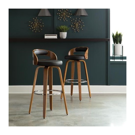 OFM 161 Collection Mid Century Modern 30" Low Back Bentwood Frame Swivel Seat Stool with Vinyl Back and Seat Cushion