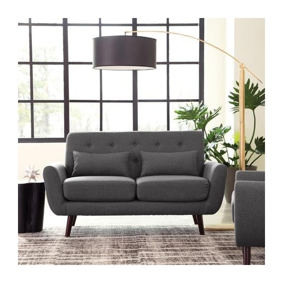 OFM 161 Collection Mid Century Modern Tufted Fabric Loveseat Sofa with Lumbar Support Pillows, Walnut Legs (161-FLS2)