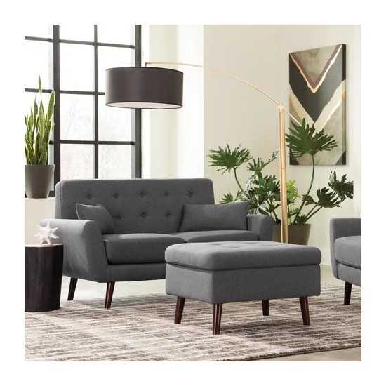 OFM 161 Collection Mid Century Modern Tufted Fabric Loveseat Sofa with Lumbar Support Pillows, Walnut Legs (161-FLS2)