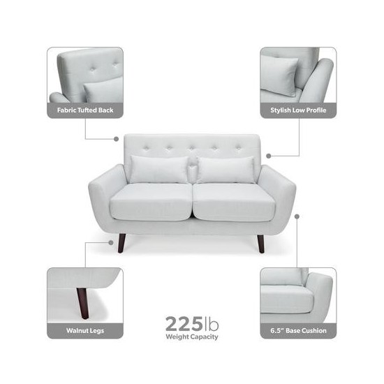 OFM 161 Collection Mid Century Modern Tufted Fabric Loveseat Sofa with Lumbar Support Pillows, Walnut Legs (161-FLS2)