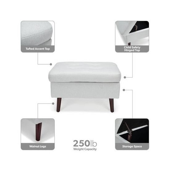 OFM 161 Collection Mid Century Modern Tufted Fabric Storage Ottoman, Walnut Legs (161-OTT2)