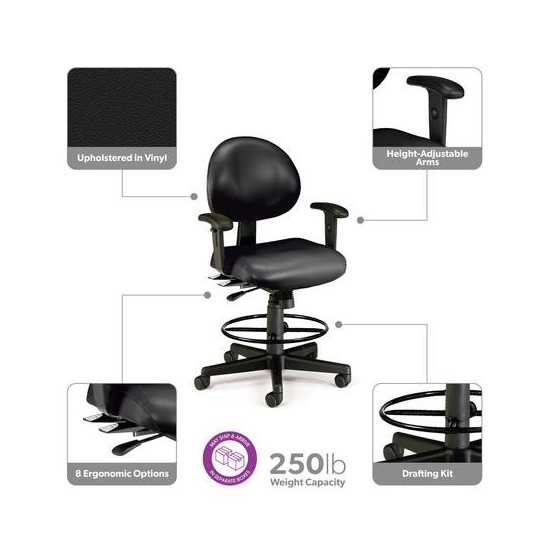 OFM 241-VAM-AADK 24 Hour Ergonomic Task Chair with Arms and Drafting Kit, Antimicrobial Vinyl, Mid Back