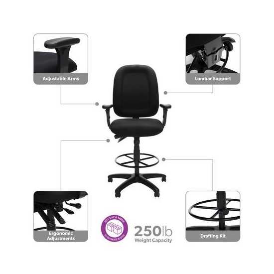 OFM Ergonomic Task Chair with Arms and Drafting Kit, Mid Back (125-DK)