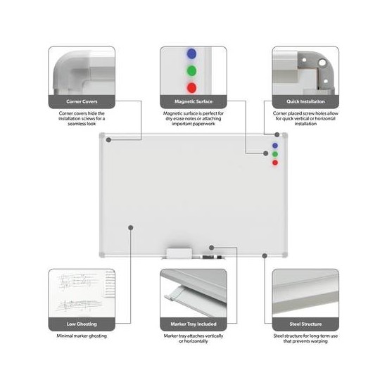 OFM Essentials Collection Magnetic Whiteboard with Aluminum Frame and Tray, 36 x 24 (ESS-8500)