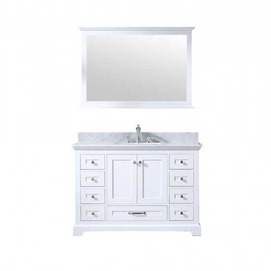 Dukes 48" White Single Vanity, White Carrara Marble Top, White Square Sink and 46" Mirror w/ Faucet