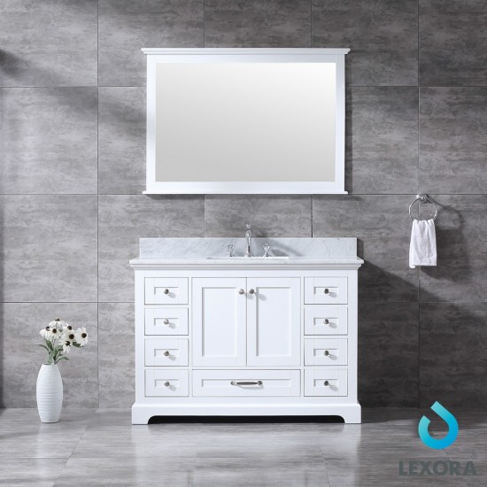 Dukes 48" White Single Vanity, White Carrara Marble Top, White Square Sink and 46" Mirror w/ Faucet