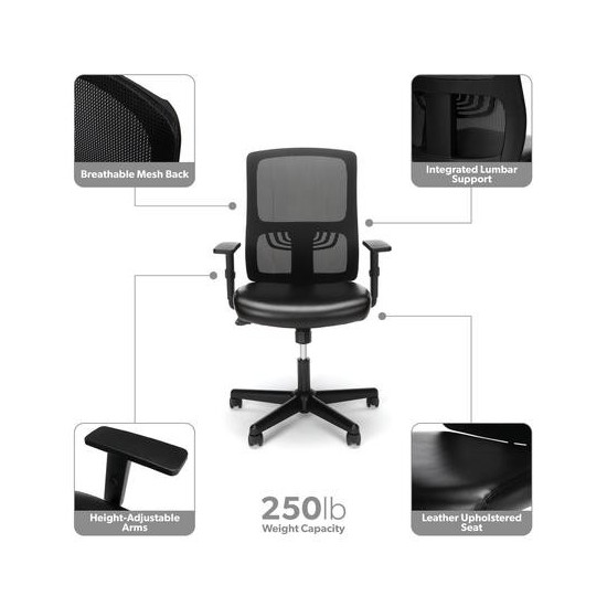 OFM Essentials Collection Mid Back Mesh Back with Leather Seat Office Chair, Lumbar Support (ESS-3048)