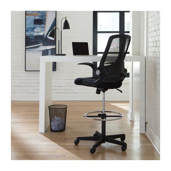 OFM Essentials Collection Mid Back Mesh Drafting Chair, Drafting Stool, Flip Arms (ESS-3046)