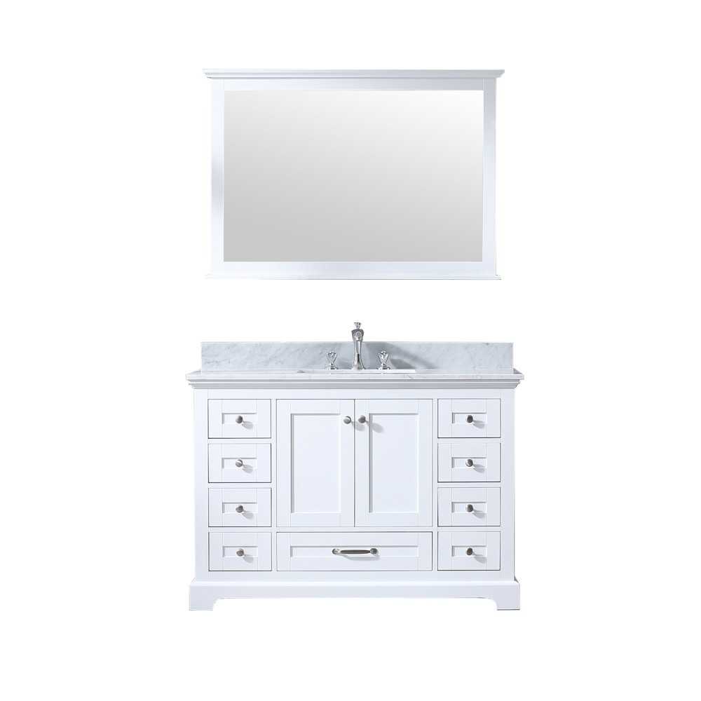Dukes 48" White Single Vanity, White Carrara Marble Top, White Square Sink and 46" Mirror Dukes 48" White Single Vanity, White Carrara Marble Top, White Square Sink and 46" Mirror