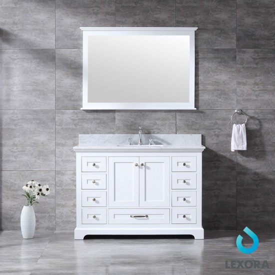 Dukes 48" White Single Vanity, White Carrara Marble Top, White Square Sink and 46" Mirror