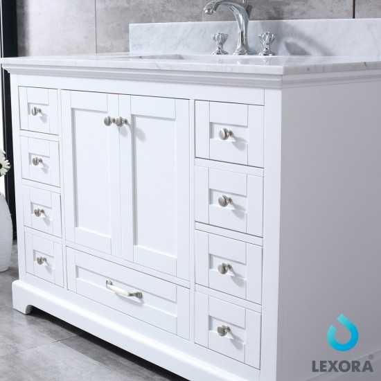 Dukes 48" White Single Vanity, White Carrara Marble Top, White Square Sink and 46" Mirror