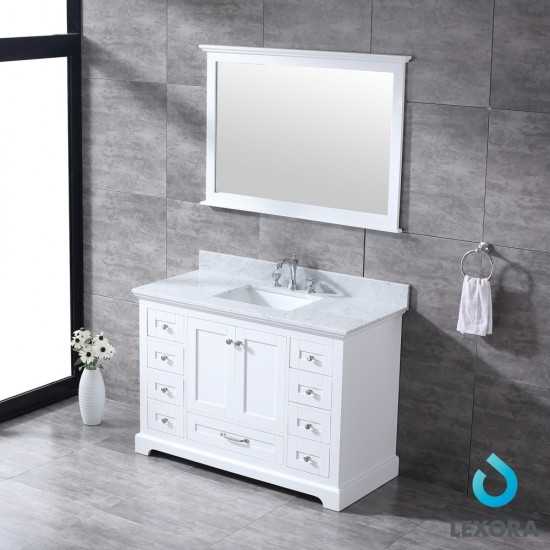 Dukes 48" White Single Vanity, White Carrara Marble Top, White Square Sink and 46" Mirror