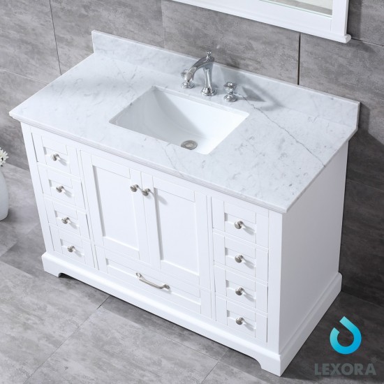 Dukes 48" White Single Vanity, White Carrara Marble Top, White Square Sink and 46" Mirror