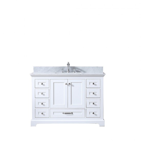 Dukes 48" White Single Vanity, White Carrara Marble Top, White Square Sink and no Mirror